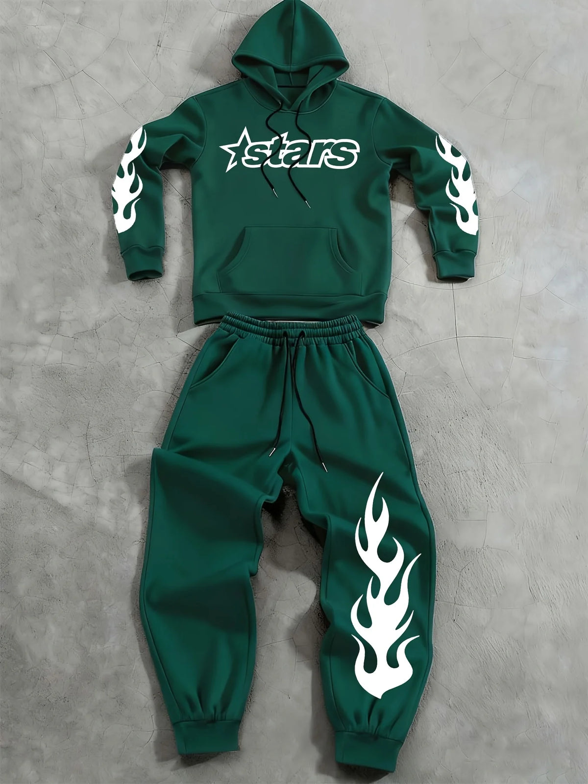 Men Matching Set "Baggy Tracksuit Star Flame Pattern Print Hoodie Pants Set Relaxed"