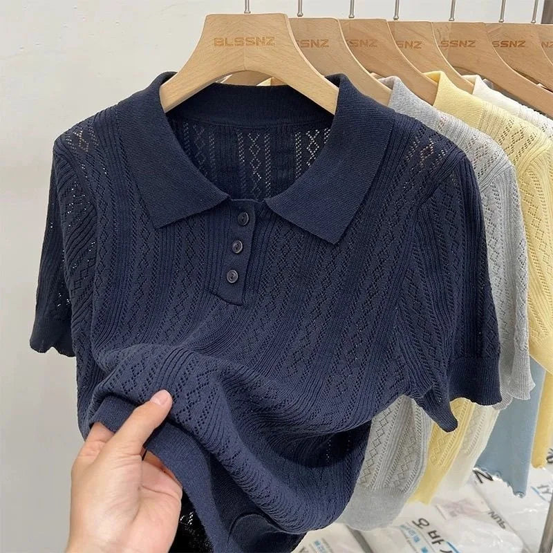 Women T-Shirt & Polo "Summer Women's Thin Knit Polo Shirt Hollow-Out Short Sleeve Top Knitted"