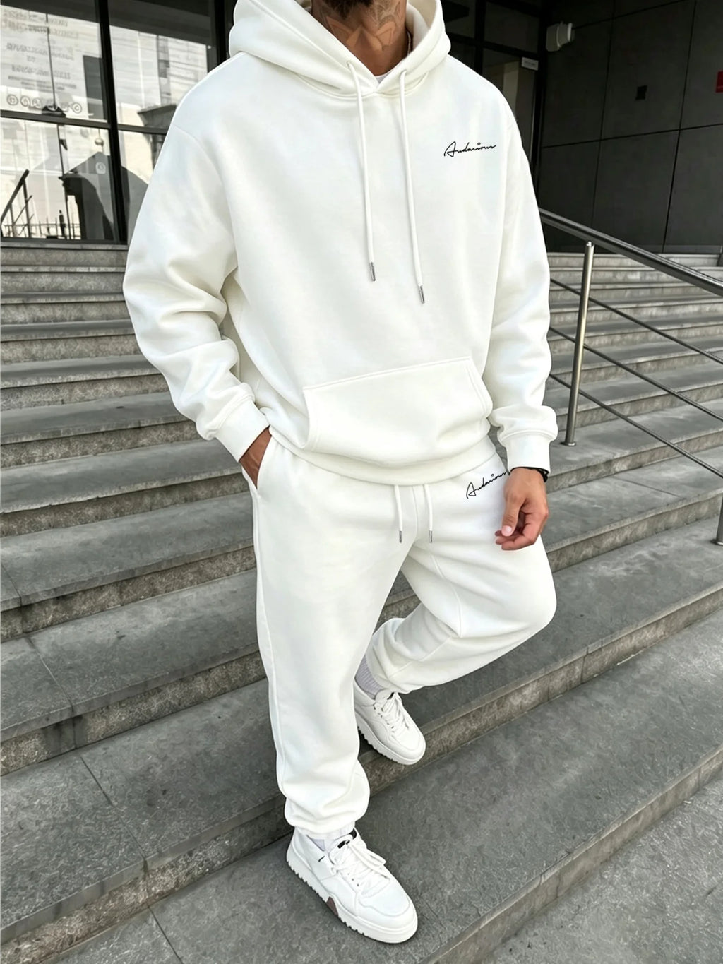 Men Matching Set "Premium Men's 2 Piece Hoodie Tracksuit, Exquisite Cursive Handwritten Signature"