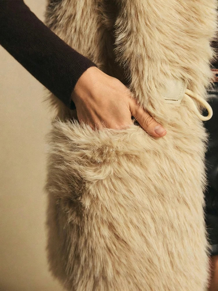 Women Coat & Jacket "HH Women Vintage Beige Faux Fur Vest V‑Neck Horn Button Sleeveless Plush Waistcoat"