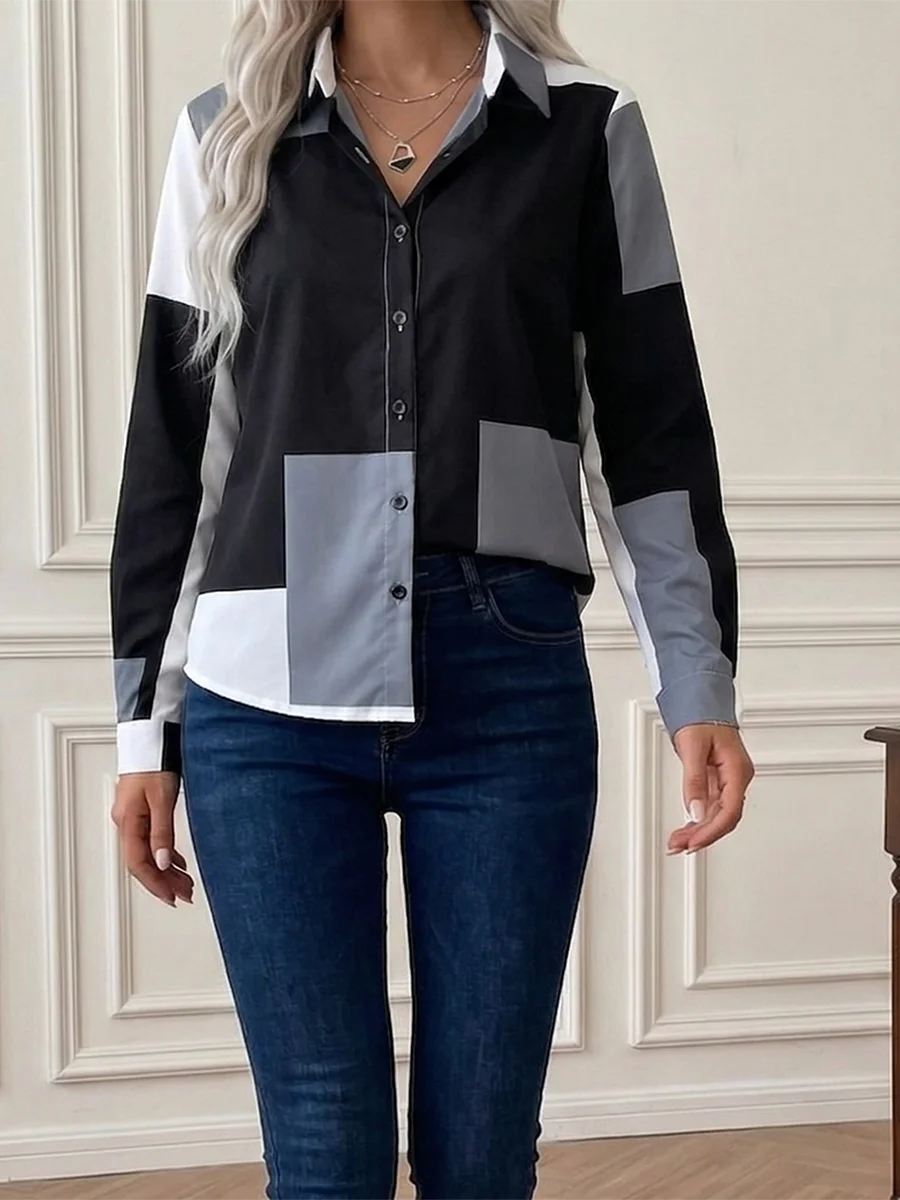 Women Blouse Shirt "Block Patchwork Shirt Long Sleeve Button Up Blouses Casual Loose Office Lady Turn-down"