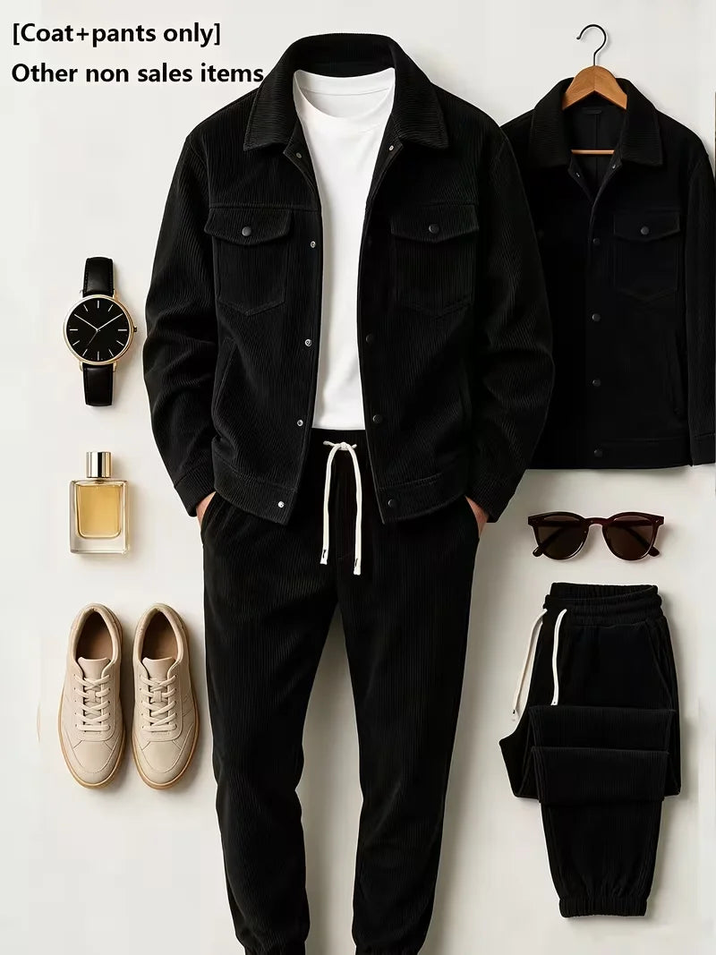 Men Matching Set "Corduroy 2‑Piece Outfit, Lapel Button Jacket and Drawstring Jogger Pants Set"
