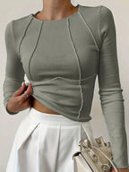 Women T-Shirts & Polo "Long Sleeve Ribbed Knit T-Shirt 2026 Autumn Slim Fit Cropped Top Wavy"
