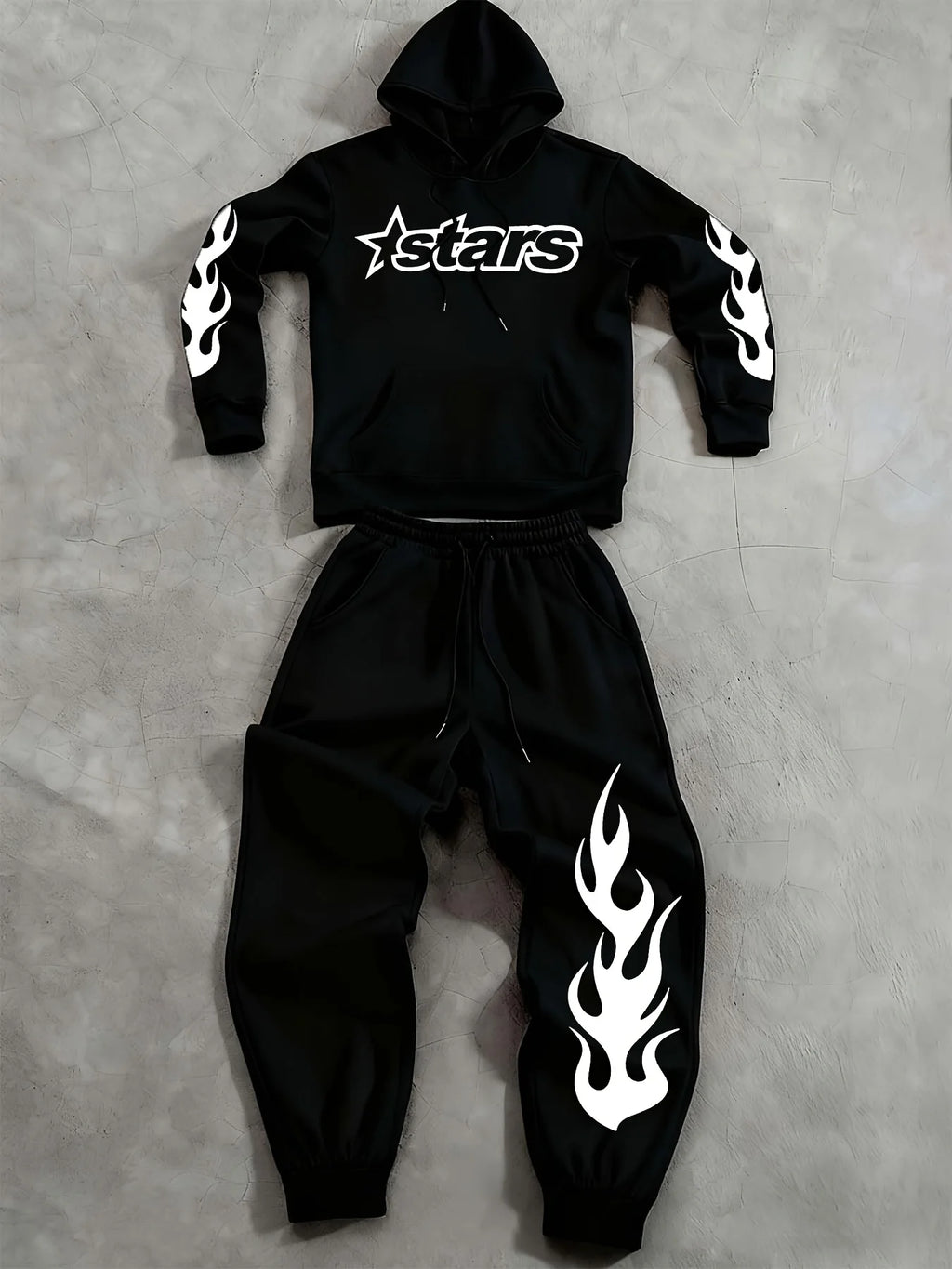 Men Matching Set "Baggy Tracksuit Star Flame Pattern Print Hoodie Pants Set Relaxed"