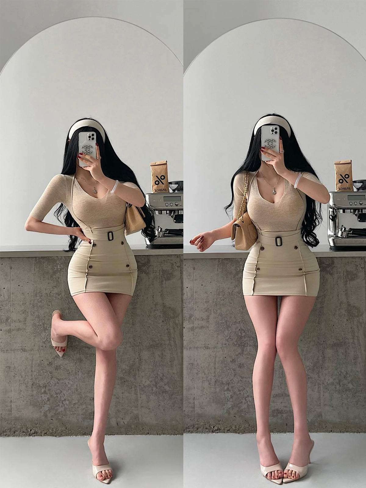 Women Skirt "Sexy High Waist Short Skirt with Button Decoration Belted Hanging Neck Bodycon Half-length"