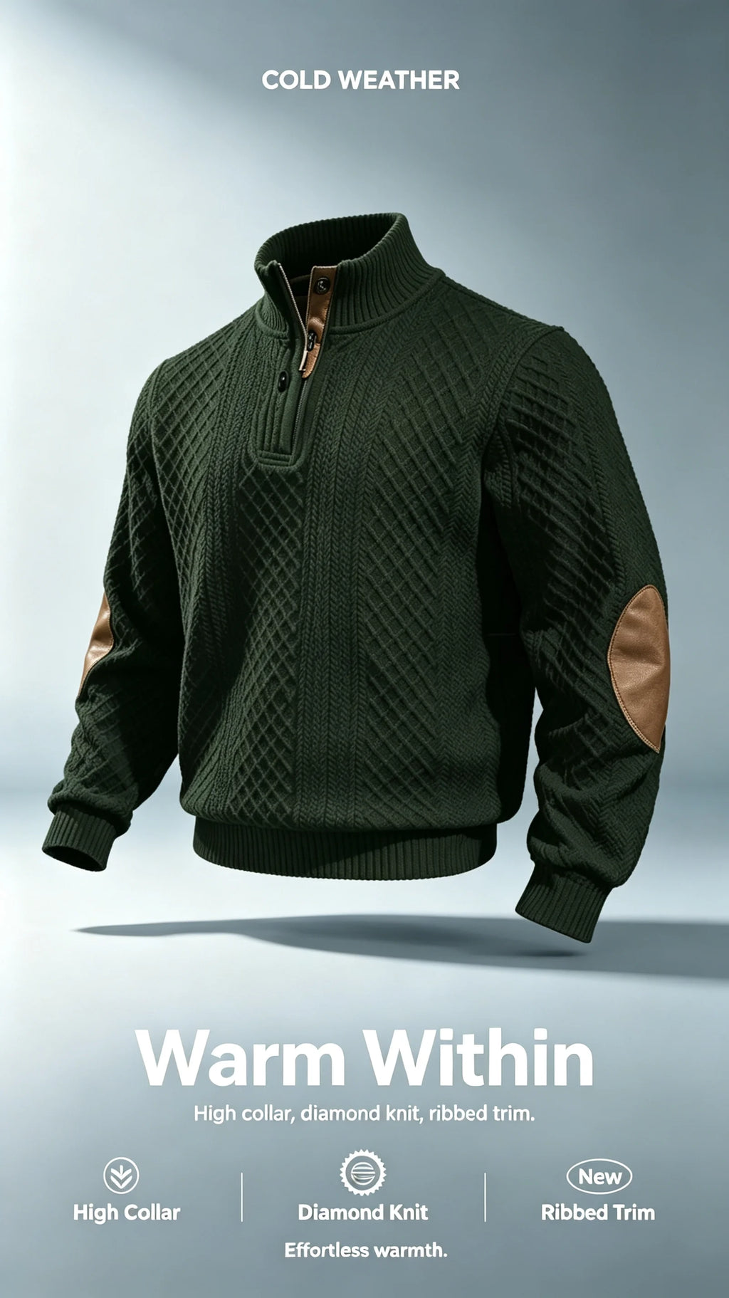 Men Sweater "Stand Collar Button Horse Embroidery Diamond Knit Pullover Elbow Patch"