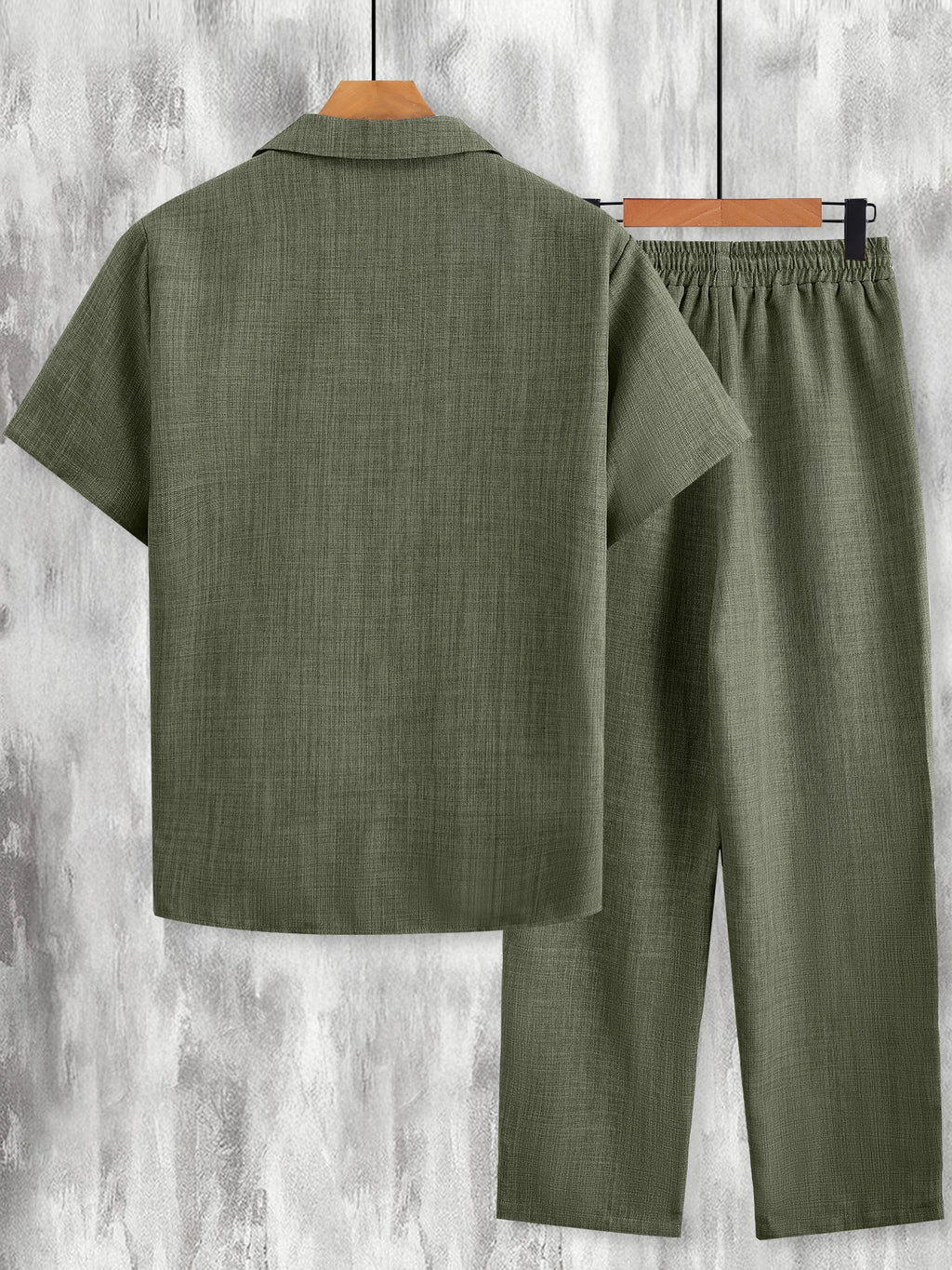 Men Matching Set "Minimalist Pocket Embroidery Set, Textured Short Sleeve Shirt & Pants"