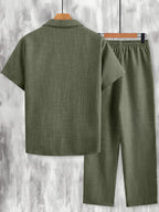 Men Matching Set "Minimalist Pocket Embroidery Set, Textured Short Sleeve Shirt & Pants"