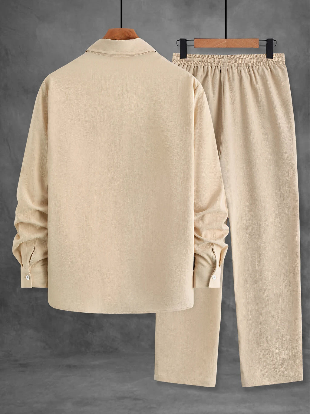 MenMatching Set "Textured Outfits, Beige Lapel Shirt & Drawstring Pants Set"