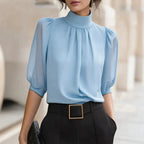 Women Blouse & Shirt "Mock Neck Gathered Front Puff Elbow Sleeve Chiffon Blouse"