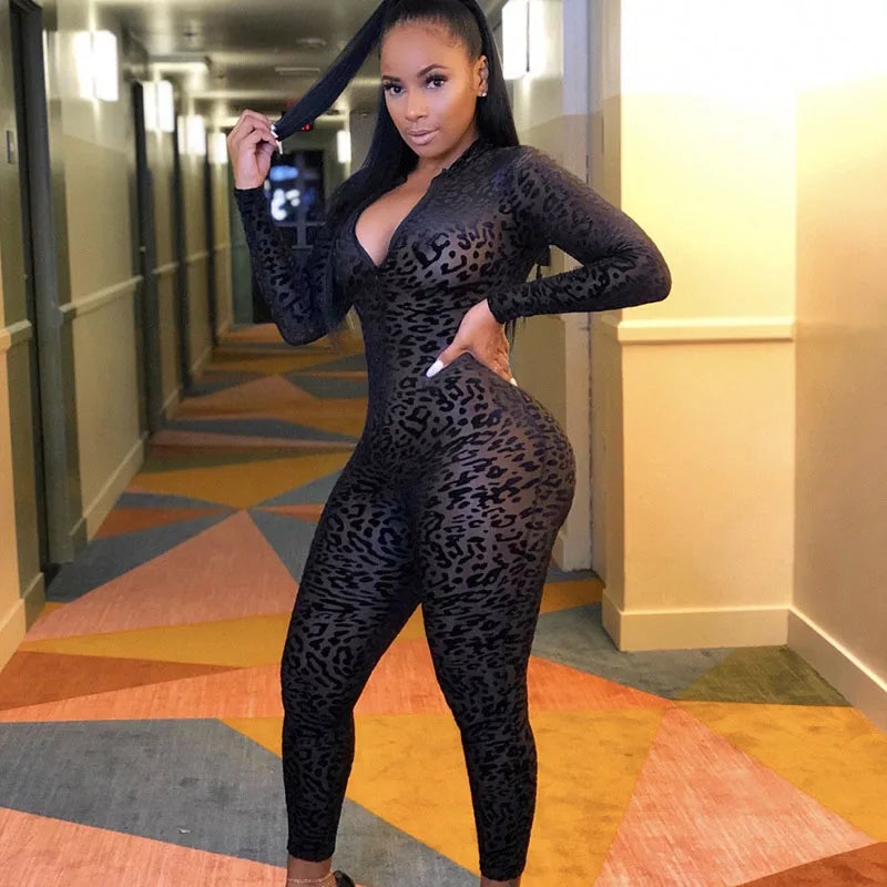 Women Jump Suit "Flocking Leopard Night Party Rompers Womens Jumpsuit"