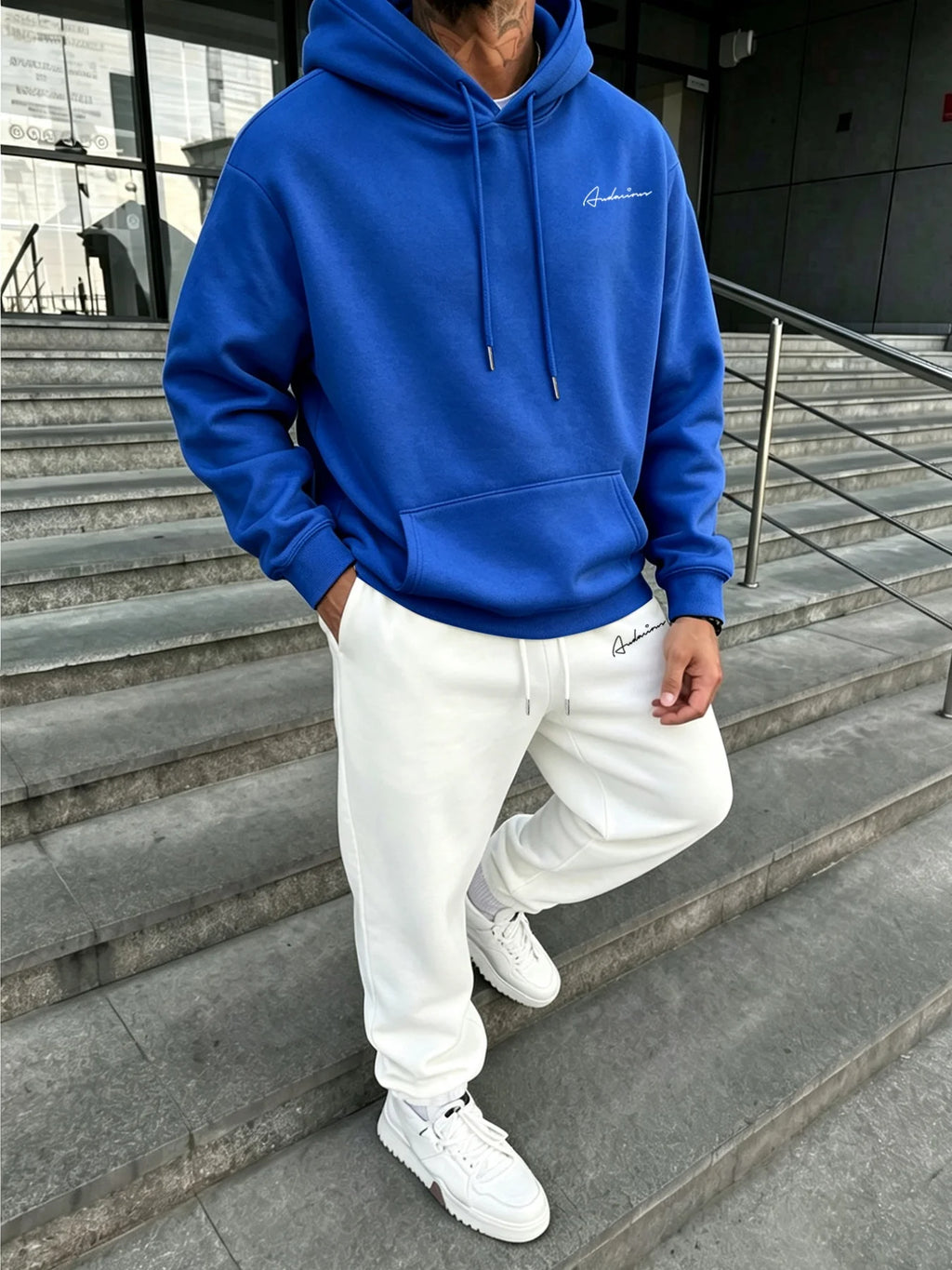 Men Matching Set "Premium Men's 2 Piece Hoodie Tracksuit, Exquisite Cursive Handwritten Signature"