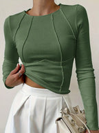 Women T-Shirts & Polo "Long Sleeve Ribbed Knit T-Shirt 2026 Autumn Slim Fit Cropped Top Wavy"