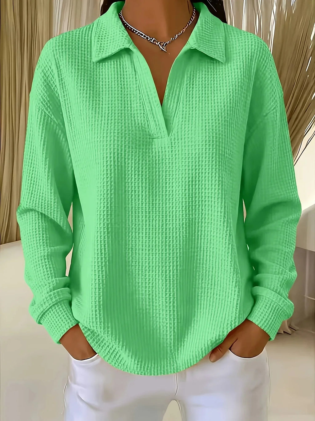 Women T-Shirt & Polo "Waffle Knit Polo Shirt Long Sleeve Stretch Solid Color Casual Ladies Blouse"