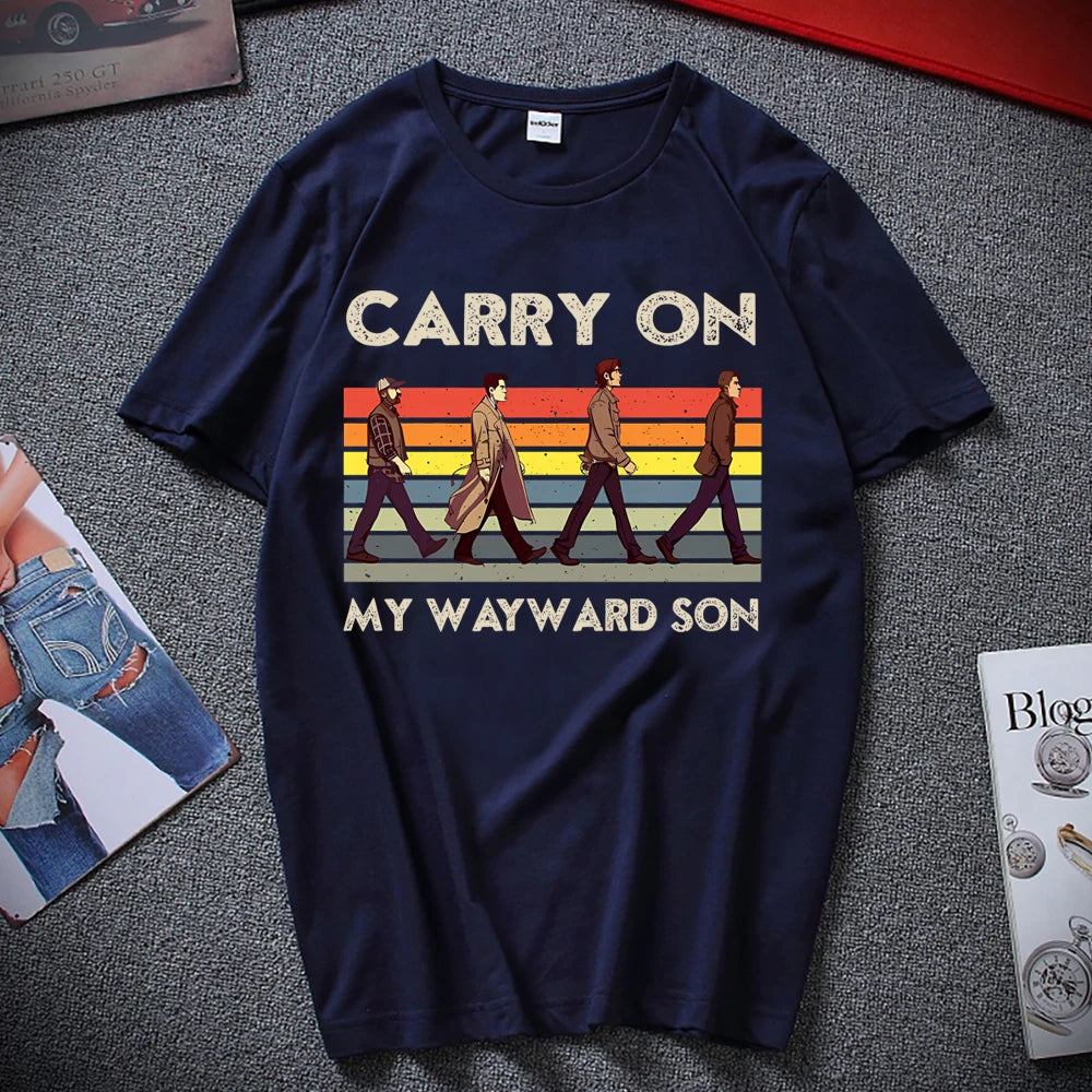 Supernatural Carry on My Wayward Son Vintage T-Shirt Sam and Dean Winchester Brothrs Shirt Trendy Abbey Road Winchester 2025 Top