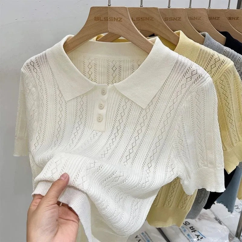 Women T-Shirt & Polo "Summer Women's Thin Knit Polo Shirt Hollow-Out Short Sleeve Top Knitted"