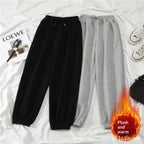 Women Casual Jogger Pants High Waist Elastic Cuff Sweatpants 2025 New American Style Loose Wide Leg Warm Fleece Lined Pants for
