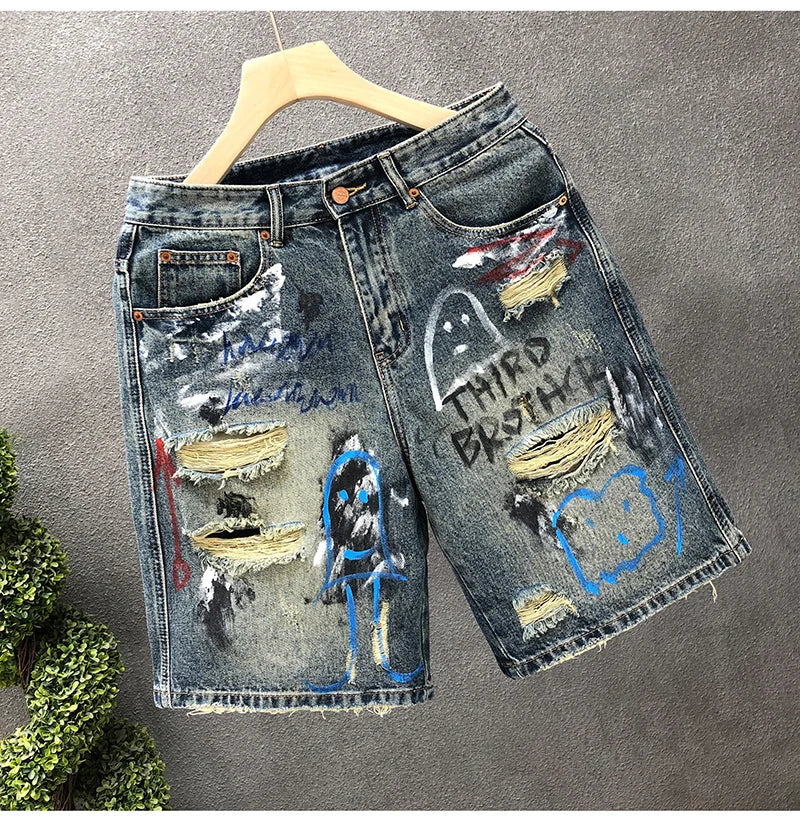 Men Short "Jeans Hip Hop Ripped Multi Color Male Denim Shorts Graphic Harajuku"