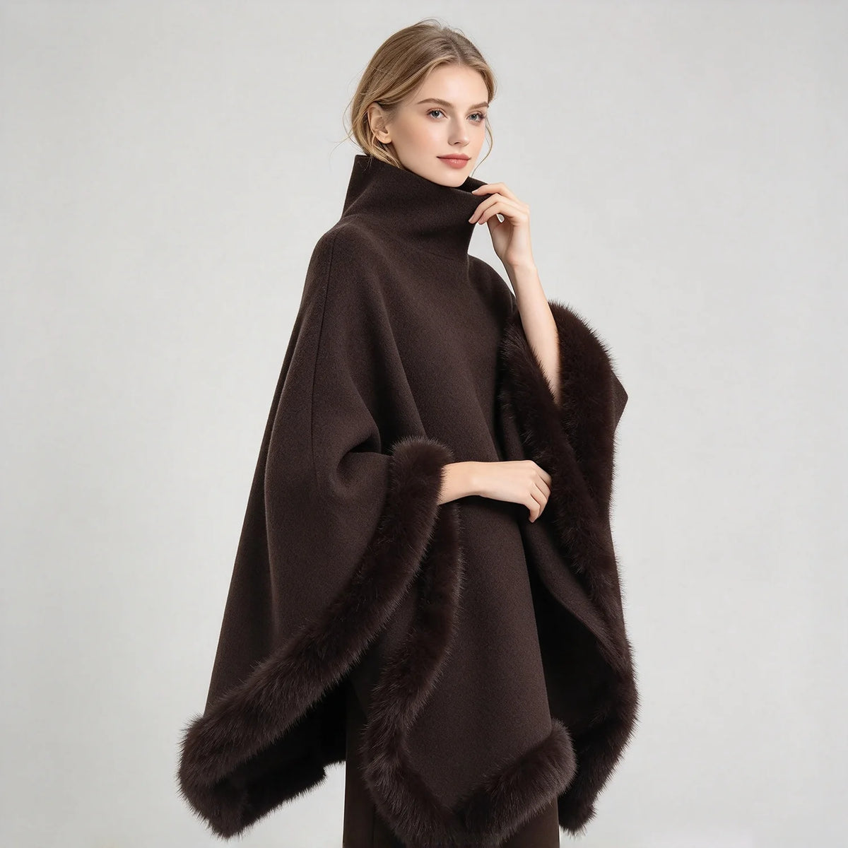 Women Coat & Jacket "LIMO Women High Neck Cape Coat Faux Fur Trim Poncho"