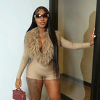 Women Jump Suit "FAGADOER Sexy Fur Patchwork Bodycon Jumpsuits  V-neck Long Sleeves Rompers"