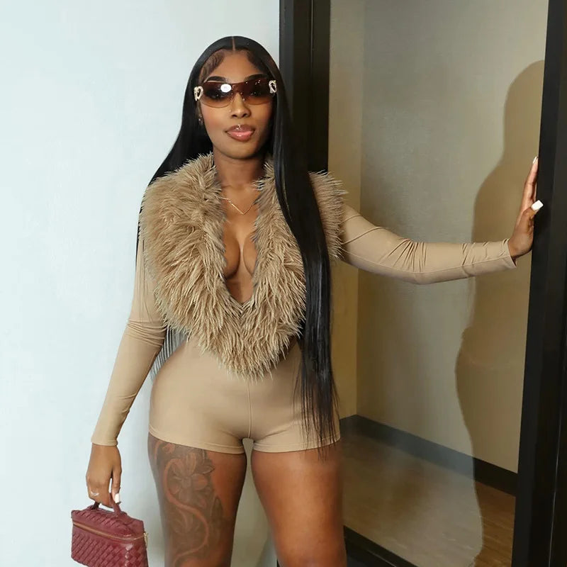 Women Jump Suit "FAGADOER Sexy Fur Patchwork Bodycon Jumpsuits  V-neck Long Sleeves Rompers"