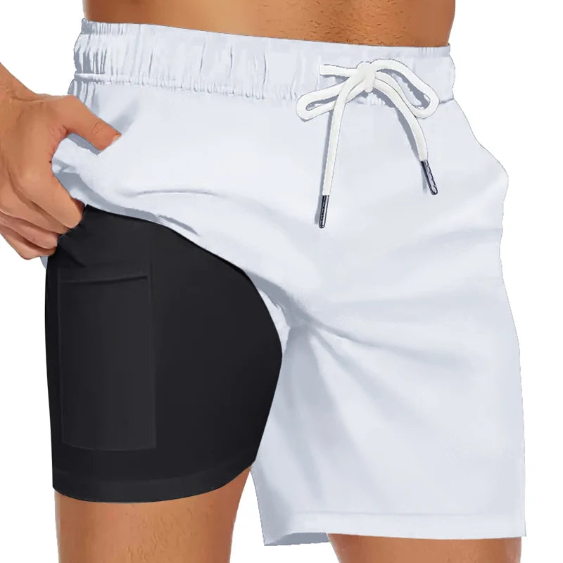 Mens Swim Trunks with Compression Liner Phone Pocket Summer Quick Dry Board Shorts