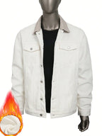 Men Denim Top"Off-White Color-Block Collared Fleece-Lined"