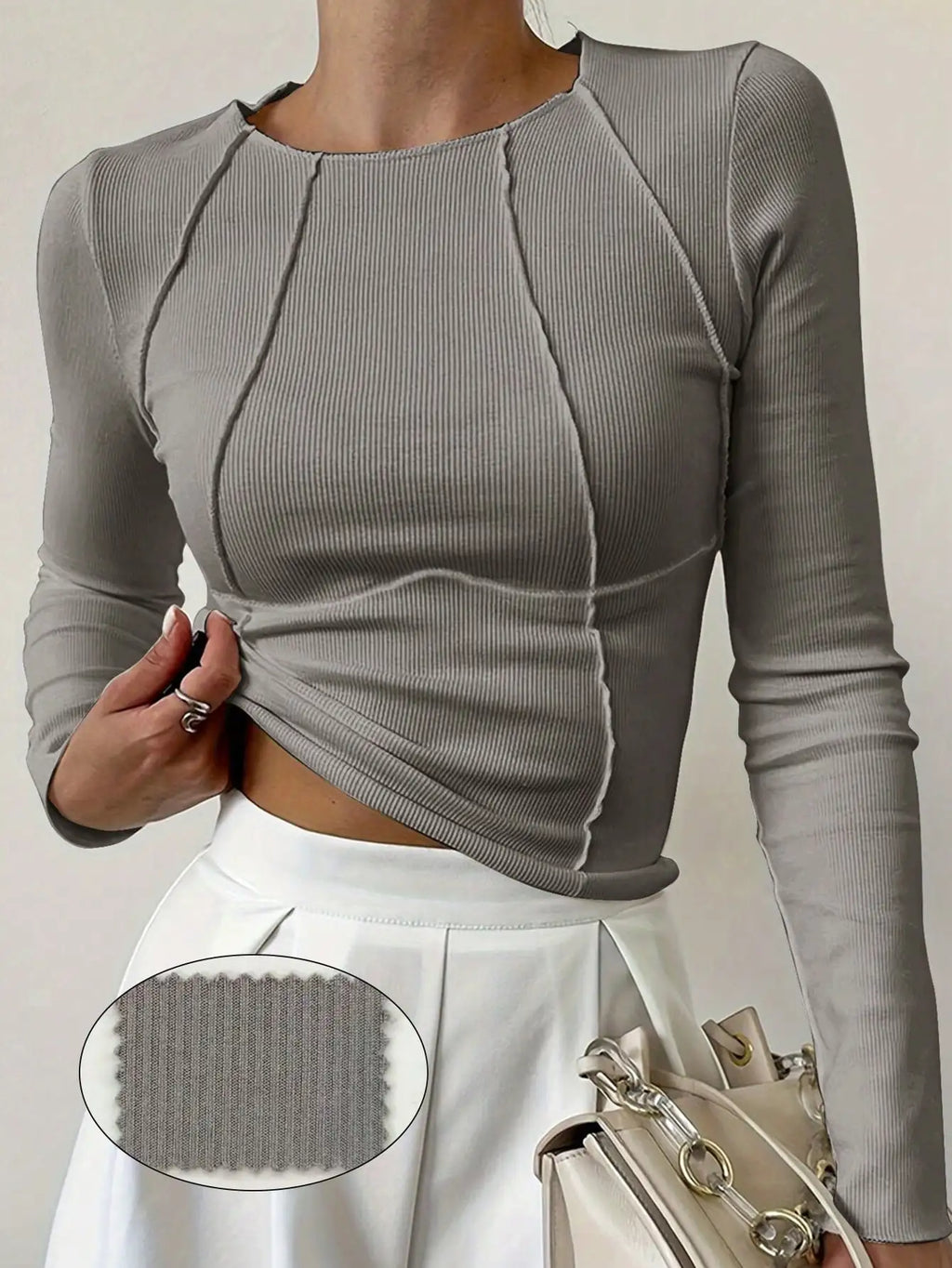 Women T-Shirts & Polo "Long Sleeve Ribbed Knit T-Shirt 2026 Autumn Slim Fit Cropped Top Wavy"
