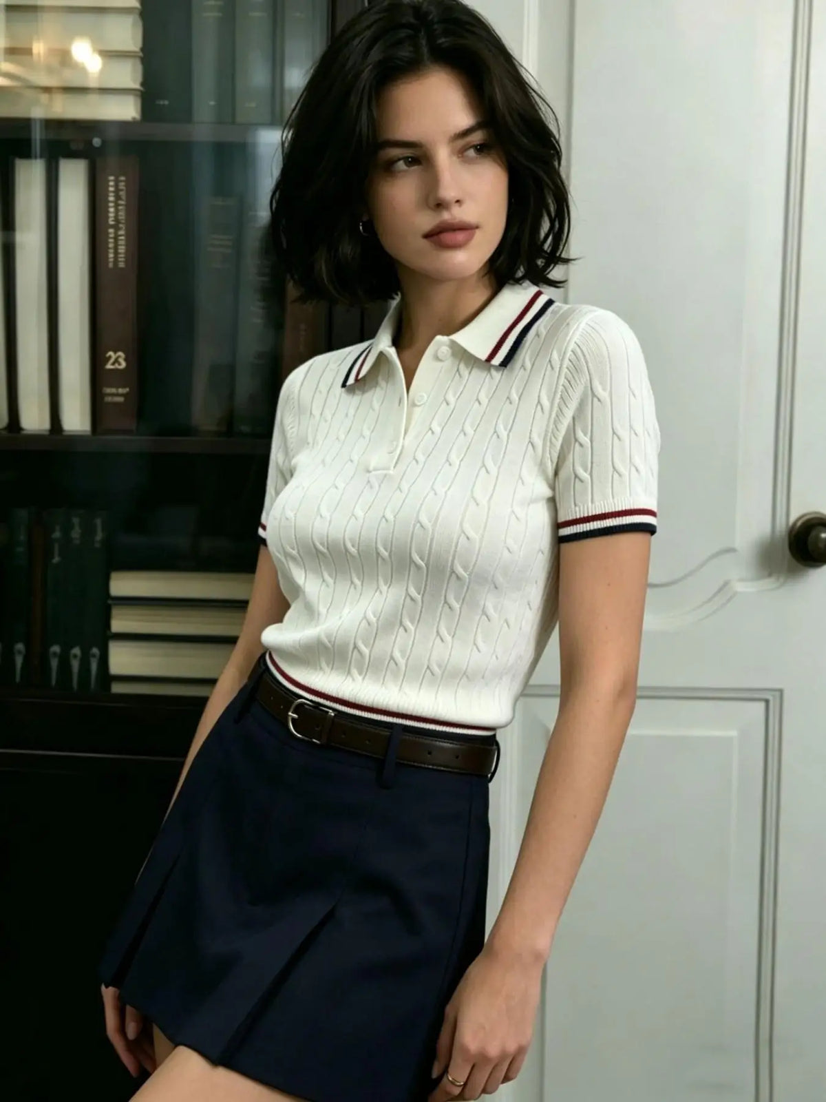 Women T-Shirt & Polo "Short Sleeved Polo Neck Casual Knitted Top, College Style"
