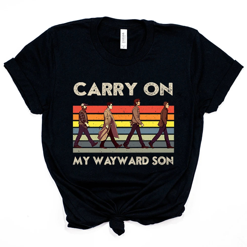 Supernatural Carry on My Wayward Son Vintage T-Shirt Sam and Dean Winchester Brothrs Shirt Trendy Abbey Road Winchester 2025 Top