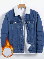 Men Denim Top"Blue Sherpa Fleece Lined Denim Jacket Lamb Fur Collar"