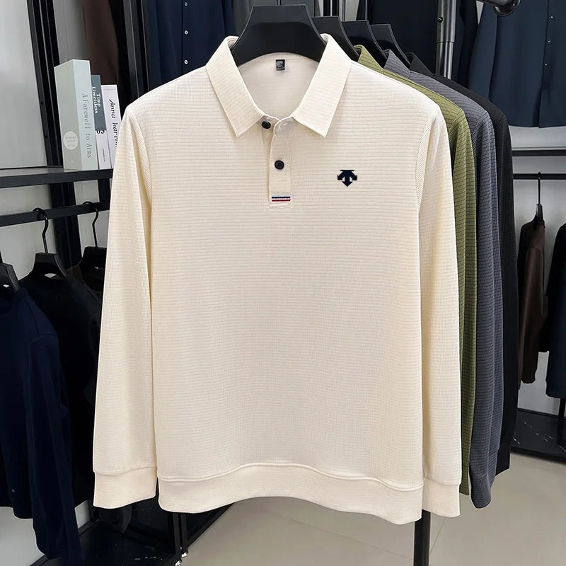 Men Polo Shirt "Luxury Quality Men's Printed Lapel Polo Shirt Wrinkle Resistant Solid Color Long Sleeve"
