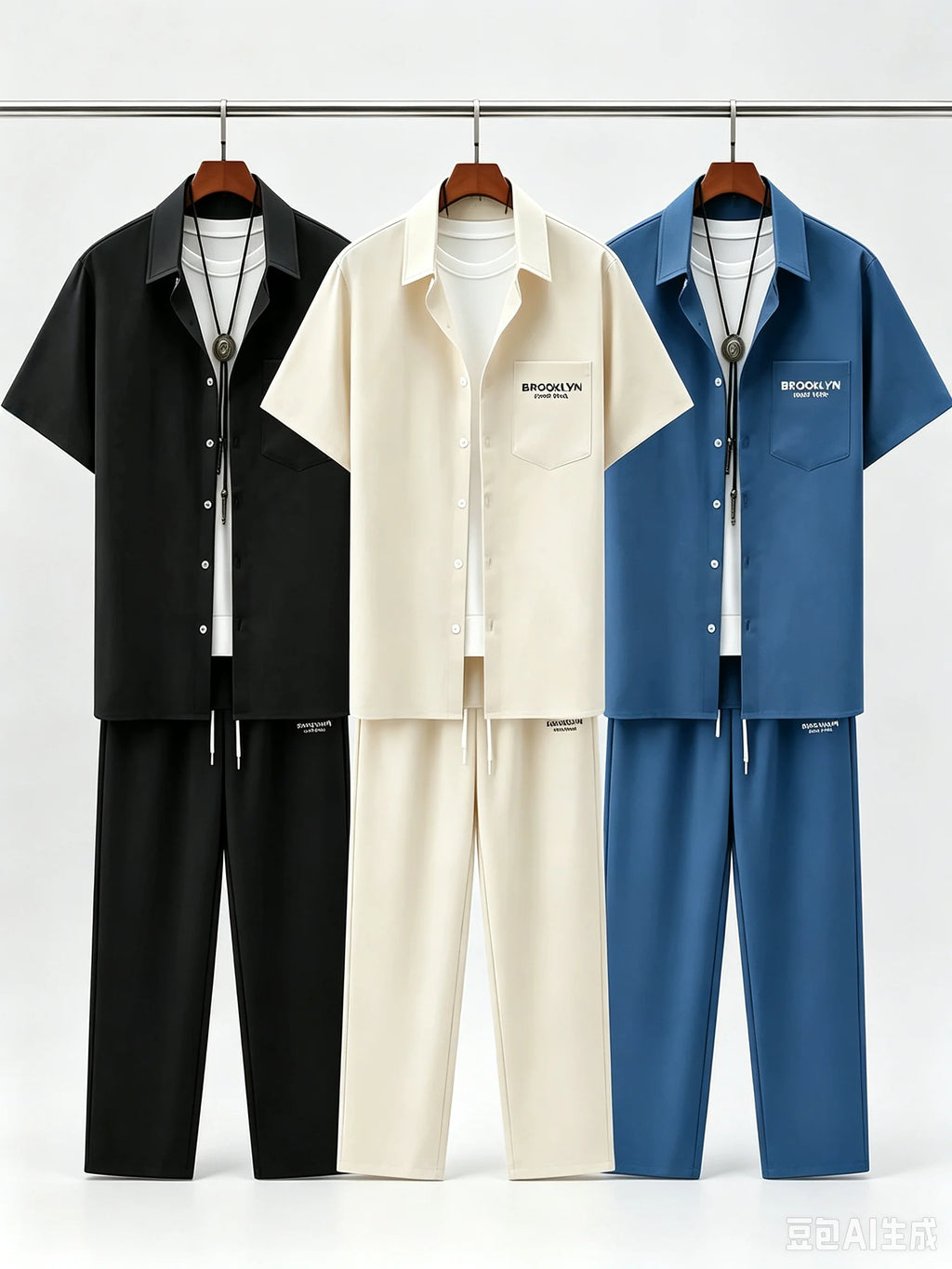 Men Matching Set "Haze Blue Short-Sleeve Collared Shirt Two-Piece Set"