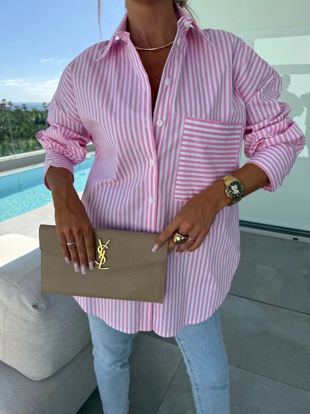 Women Blouse & Shirt "Women's Shirt Long Sleeve Striped Pocket Button Blue Casual Loose Top Street Office Pink Blouses"