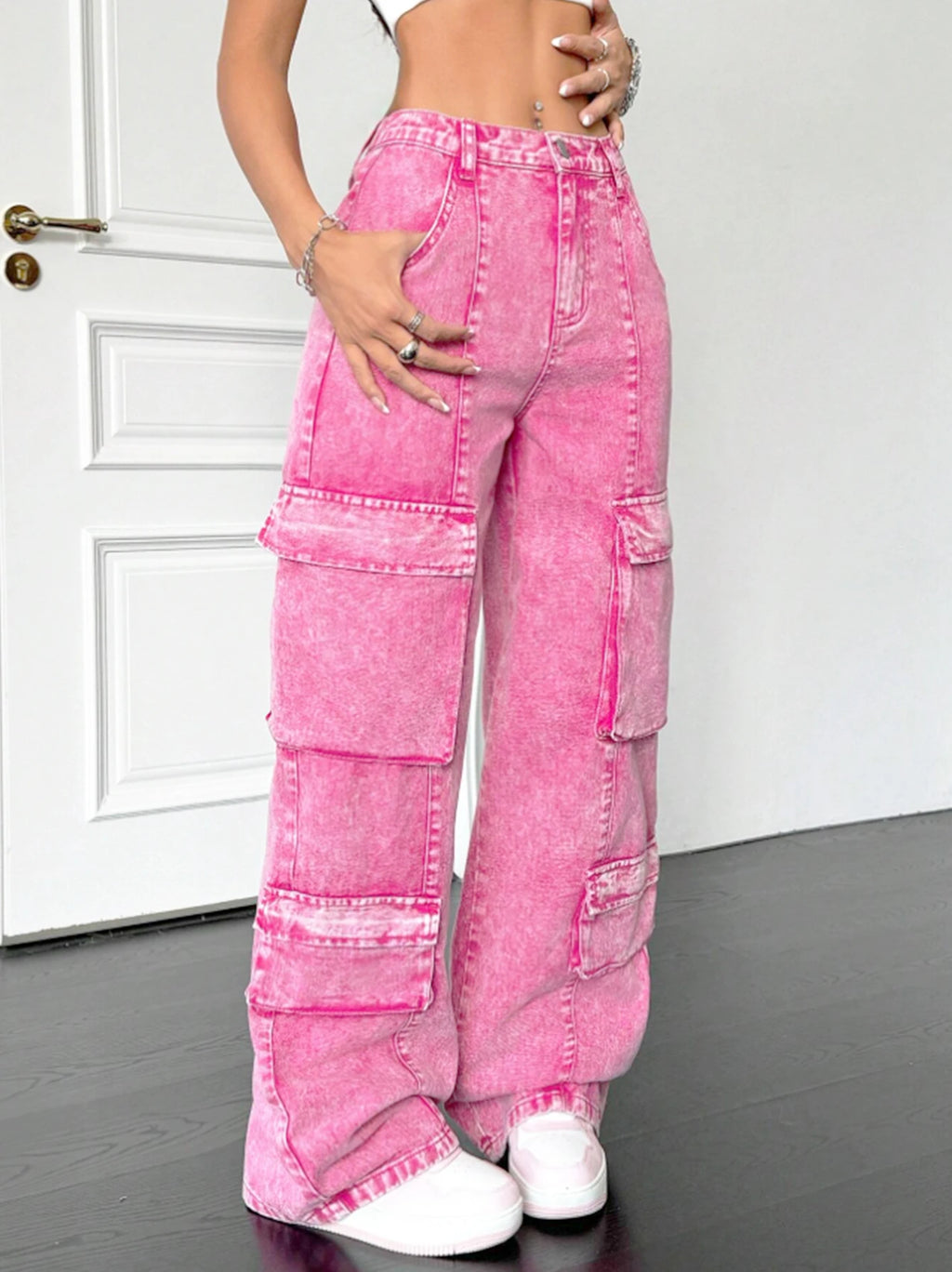Women Jeans "Pink Cotton Women's Wide-Leg Loose-Fitting Multi-Pocket Y2K Jeans"