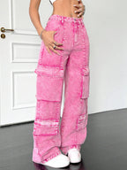 Women Jeans "Pink Cotton Women's Wide-Leg Loose-Fitting Multi-Pocket Y2K Jeans"