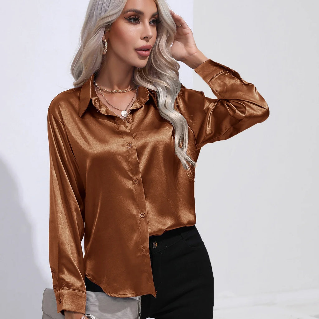 Women Blouse & Shirt "Autumn Casual Women's Blouses Elegant Satin Multicolor Basic Slim Shirt"