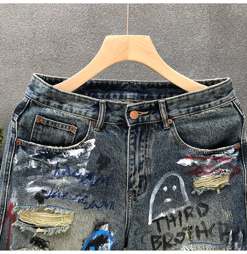 Men Short "Jeans Hip Hop Ripped Multi Color Male Denim Shorts Graphic Harajuku"