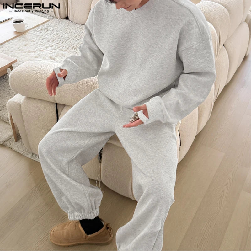 Men Matching Set "INCERUN Men's Sets Solid Color Loose V Neck Long Sleeve Hoodies Pants"