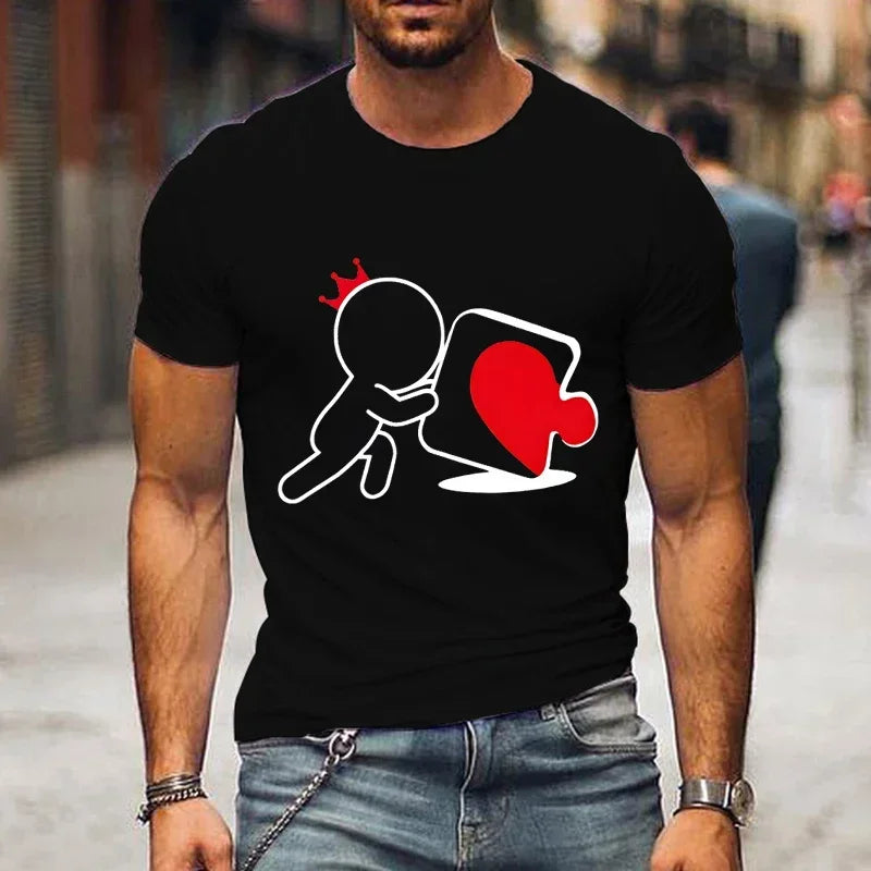 CartoongirlboyheartshapedpuzzleprintcoupleTshirt shortsleeved loose king queenTshirt fashionable trendcouplehirt women's T-shirt