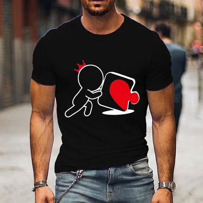 CartoongirlboyheartshapedpuzzleprintcoupleTshirt shortsleeved loose king queenTshirt fashionable trendcouplehirt women's T-shirt