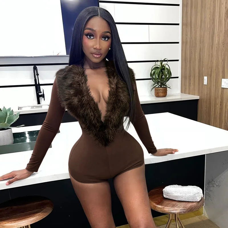 Women Jump Suit "FAGADOER Sexy Fur Patchwork Bodycon Jumpsuits  V-neck Long Sleeves Rompers"