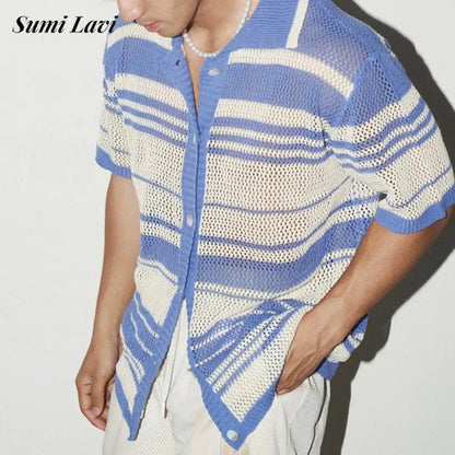 2025 Summer Casual Mens Knit Shirts Short Sleeve Buttoned Turn-down Collar Cardigan Tops Men Seaside Beach Vintage Knitted Shirt