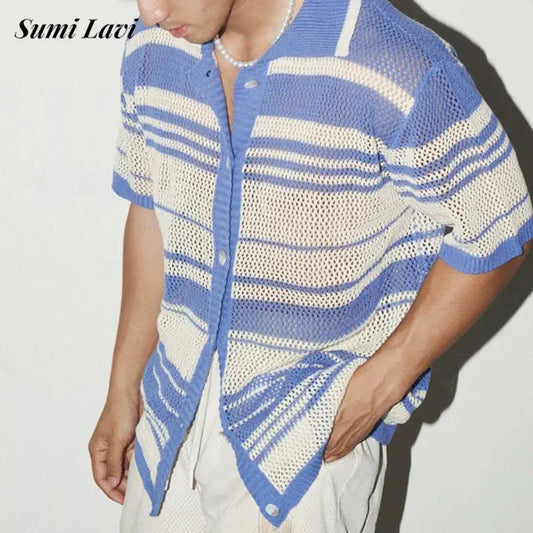 2025 Summer Casual Mens Knit Shirts Short Sleeve Buttoned Turn-down Collar Cardigan Tops Men Seaside Beach Vintage Knitted Shirt
