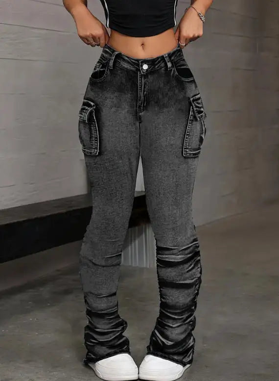Women's High Waisted Elastic Casual Leg Stack Jeans Sexy Hip Lifting Street Style Multi Pocket Workwear Jeans