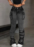 Women's High Waisted Elastic Casual Leg Stack Jeans Sexy Hip Lifting Street Style Multi Pocket Workwear Jeans
