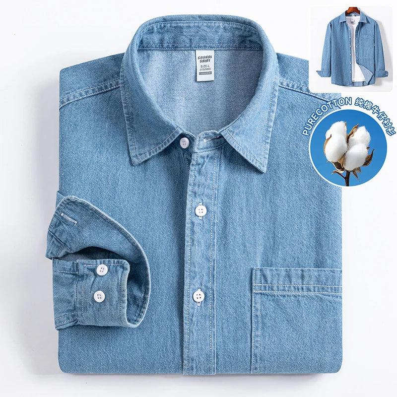 2025 Denim Long-Sleeve Double or Single  Pocket Design Shirt Classic 100% Cotton Fashion Embroider Comfortable Clothes