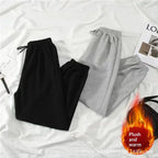 Women Casual Jogger Pants High Waist Elastic Cuff Sweatpants 2025 New American Style Loose Wide Leg Warm Fleece Lined Pants for