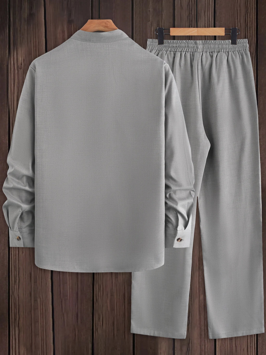 Men Matching Set "Textured Outfits, Light Gray Stand Collar Shirt & Drawstring Pants Set"