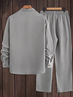 Men Matching Set "Textured Outfits, Light Gray Stand Collar Shirt & Drawstring Pants Set"